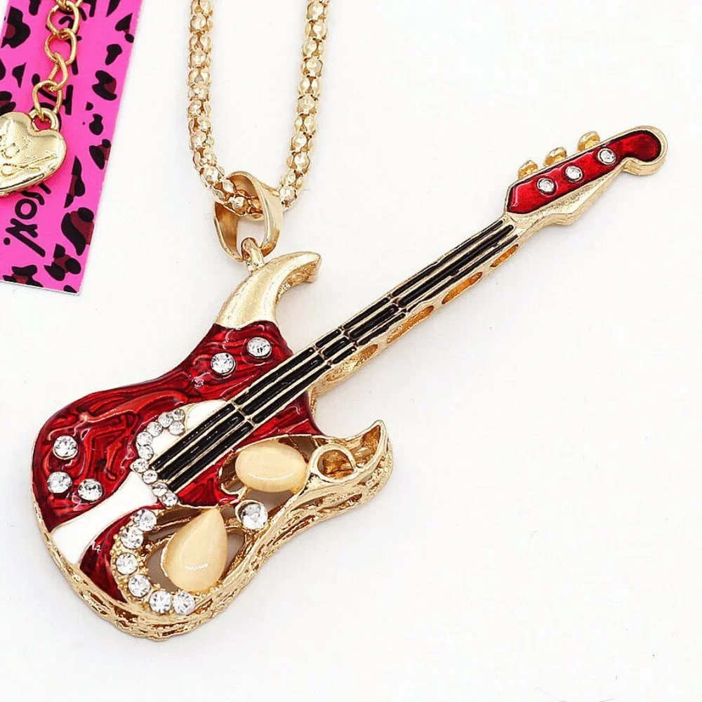 Music Lovers! Electric GUITAR Red & White Enamel & Rhinestone Pendant Necklace - Picture 1 of 8